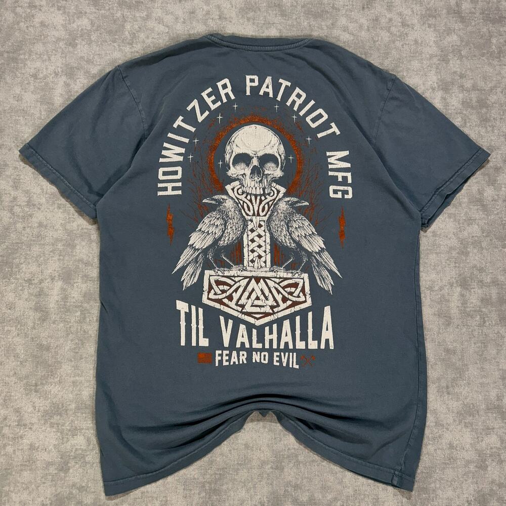 Howitzer Warrior Spirit Til Valhalla Viking Skull Graphic T Shirt Blue Medium